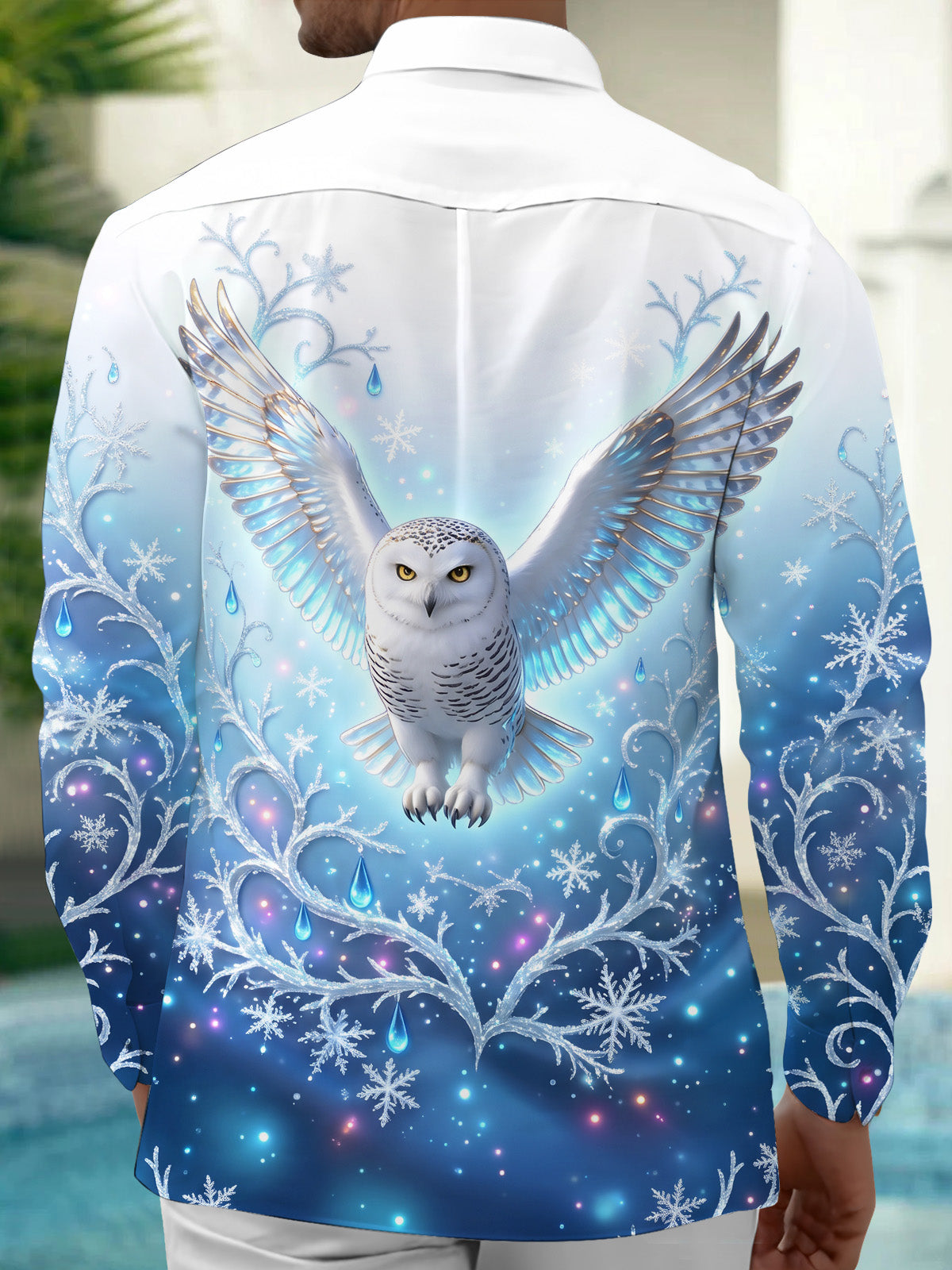 Oceanlyte Men's Printed Snowy Owl And Snowflakes Print Long Sleeve Shirt with Chest Pocket