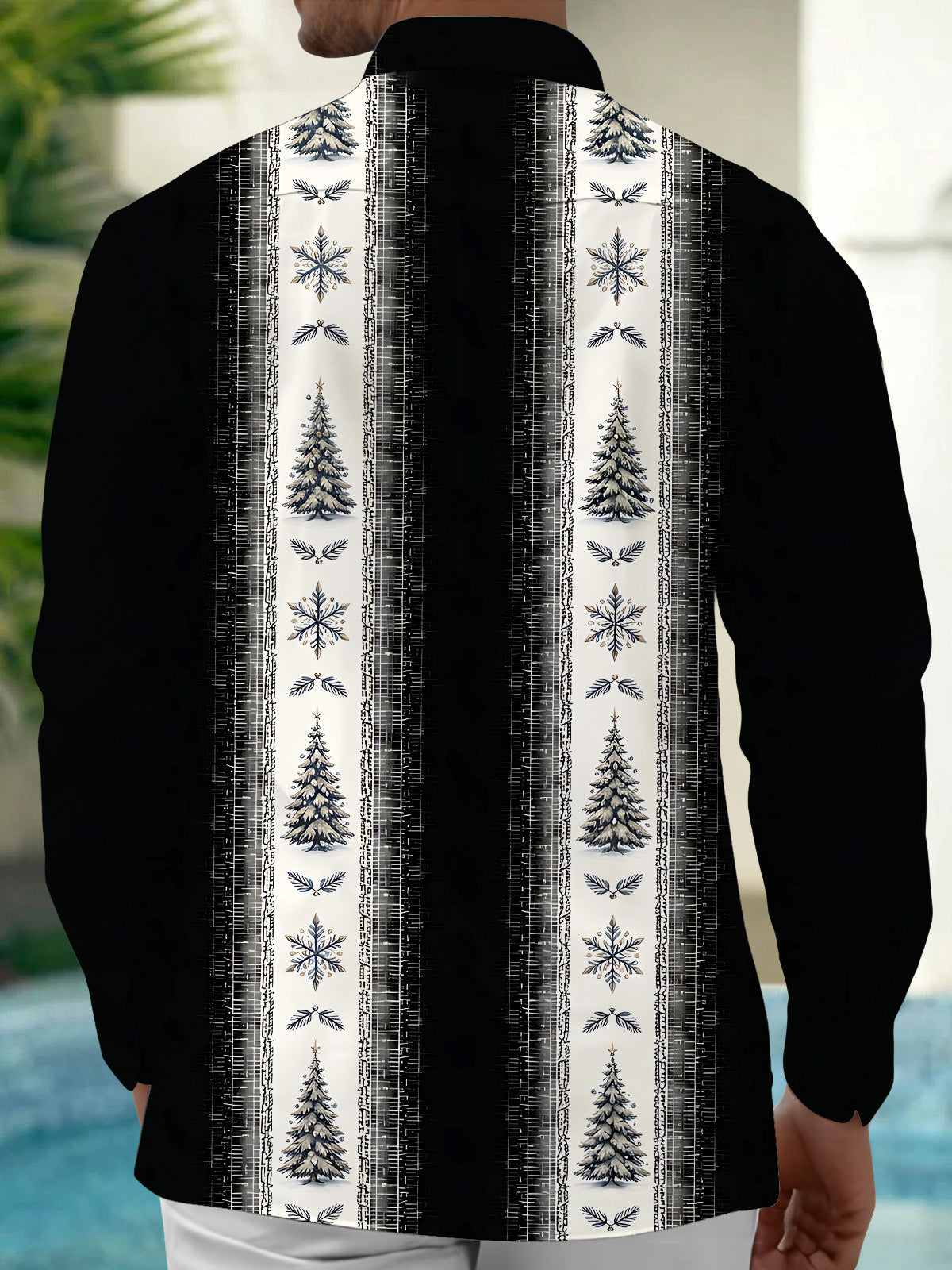 Oceanlyte Men's Printed Christmas Trees And Snowflakes Print Long Sleeve Shirt with Chest Pocket