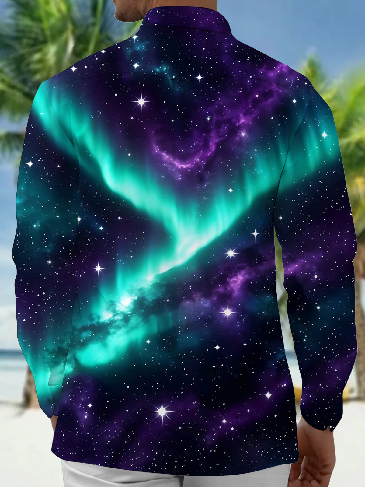 Oceanlyte Men's Aurora Borealis And Starry Night Sky Print Long Sleeve Shirt with Chest Pocket