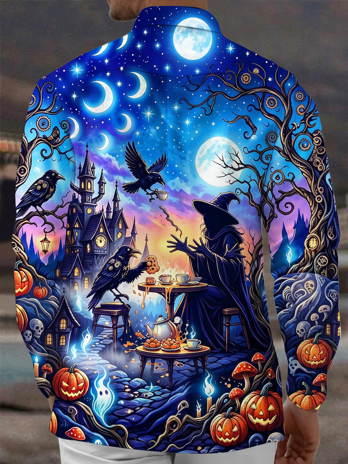 Oceanlyte Men's Halloween Witch And Raven Tea Party Print Long Sleeve Shirt with Chest Pocket
