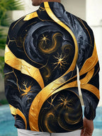 Oceanlyte Men's Long Sleeve Shirt - Abstract Gold And Black Spiral Art With Nerve-like Patterns Print with Chest Pocket