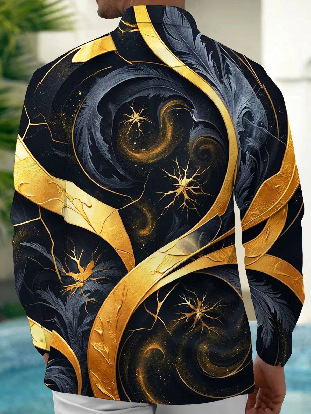 Oceanlyte Men's Long Sleeve Shirt - Abstract Gold And Black Spiral Art With Nerve-like Patterns Print with Chest Pocket