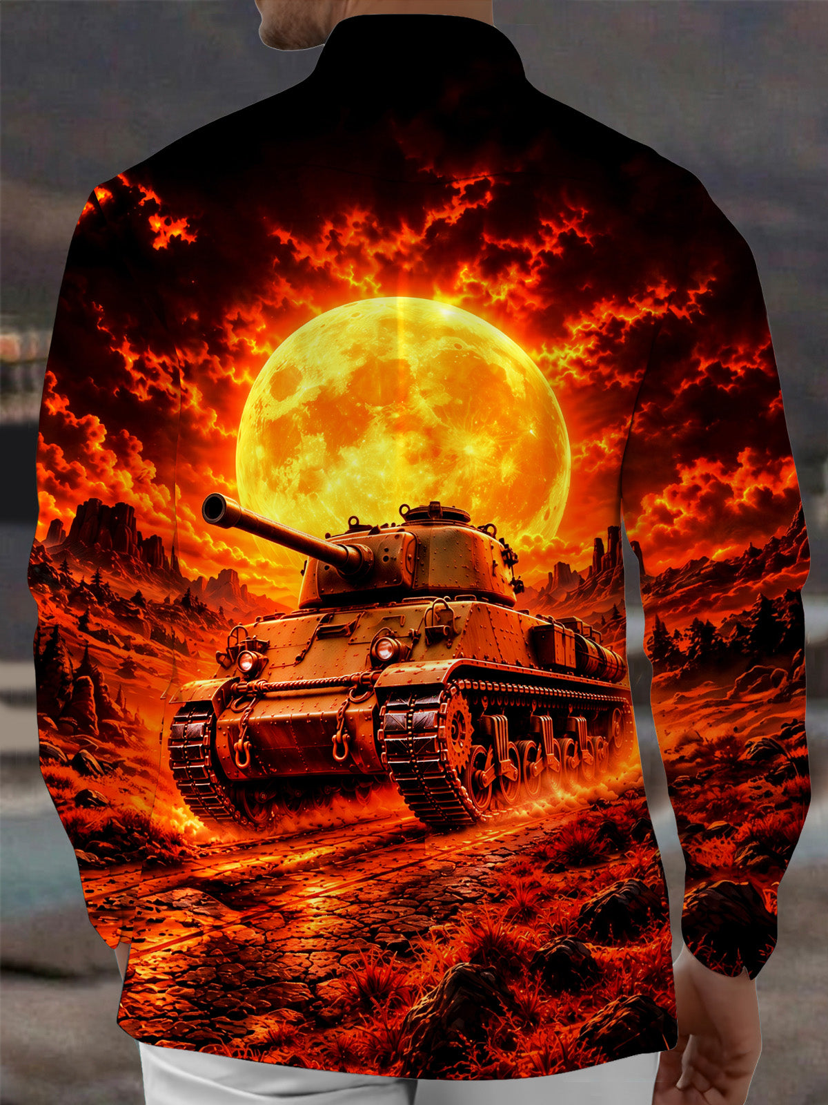 The "Desert Fury" Oceanlyte Men's Long Sleeve Shirt - Graphic Tank And Fiery Landscape Print with Chest Pocket