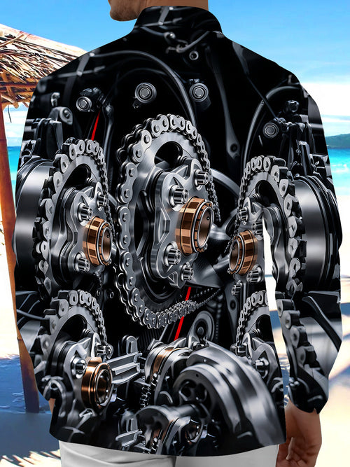 Oceanlyte Men's 3D Mechanical Gears Print Engine Chains Print Long Sleeve Shirt with Chest Pocket