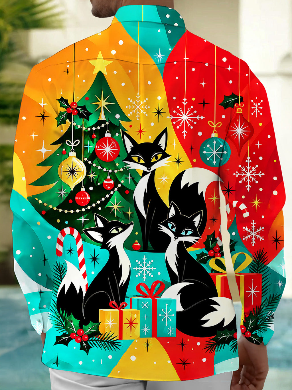 Oceanlyte Men's Graphic Christmas Fox Family Print Long Sleeve Shirt with Chest Pocket