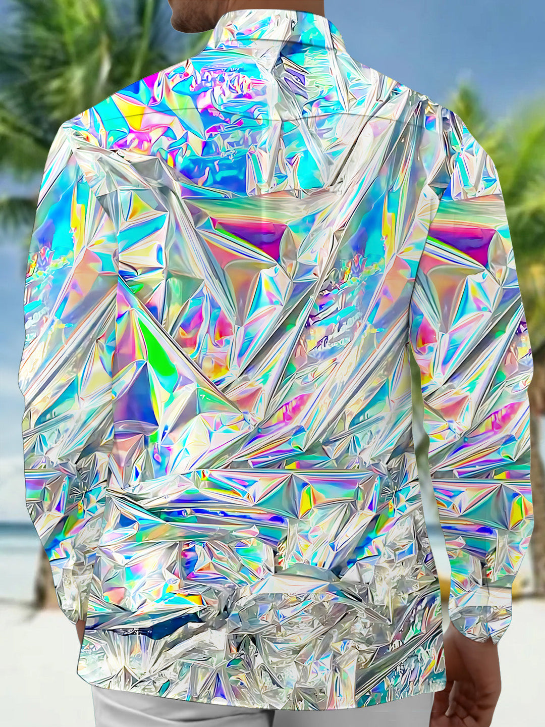 Oceanlyte Men's Graphic 3D Holographic Crinkled Foil Print Long Sleeve Button Down Shirt with Chest Pocket