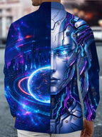 Oceanlyte Men's Long Sleeve Shirt - Cyber Robot Face And Futuristic Cityscape Print with Chest Pocket