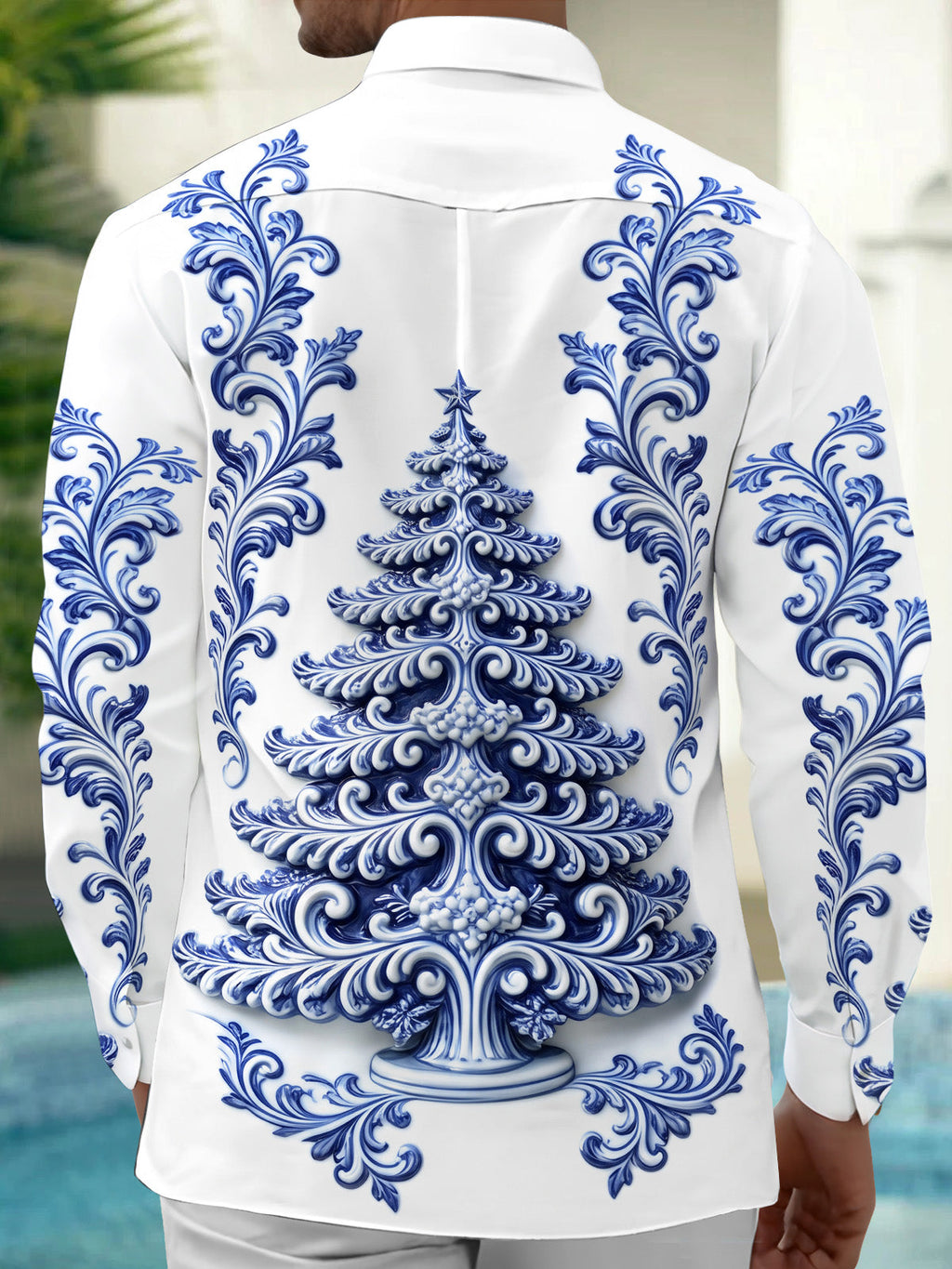 Oceanlyte Men's Long Sleeve Shirt - Christmas Tree With Baroque Floral Patterns Print with Chest Pocket