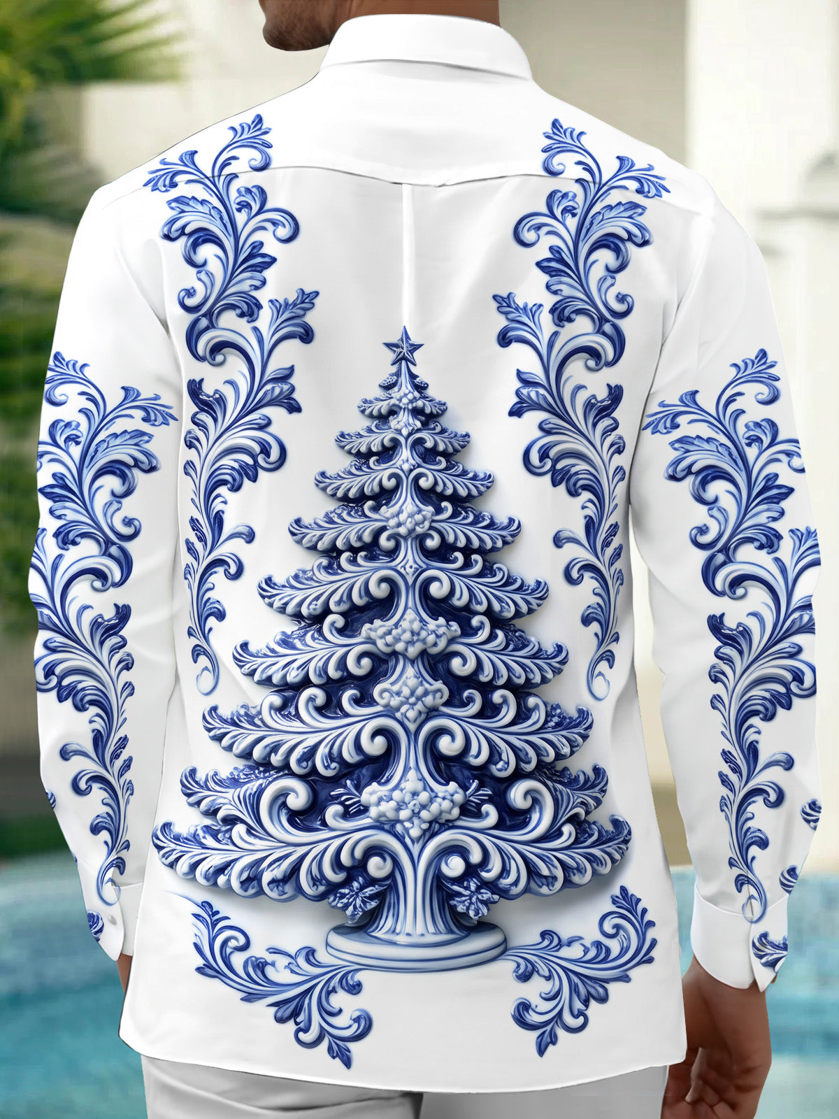 Oceanlyte Men's Long Sleeve Shirt - Christmas Tree With Baroque Floral Patterns Print with Chest Pocket