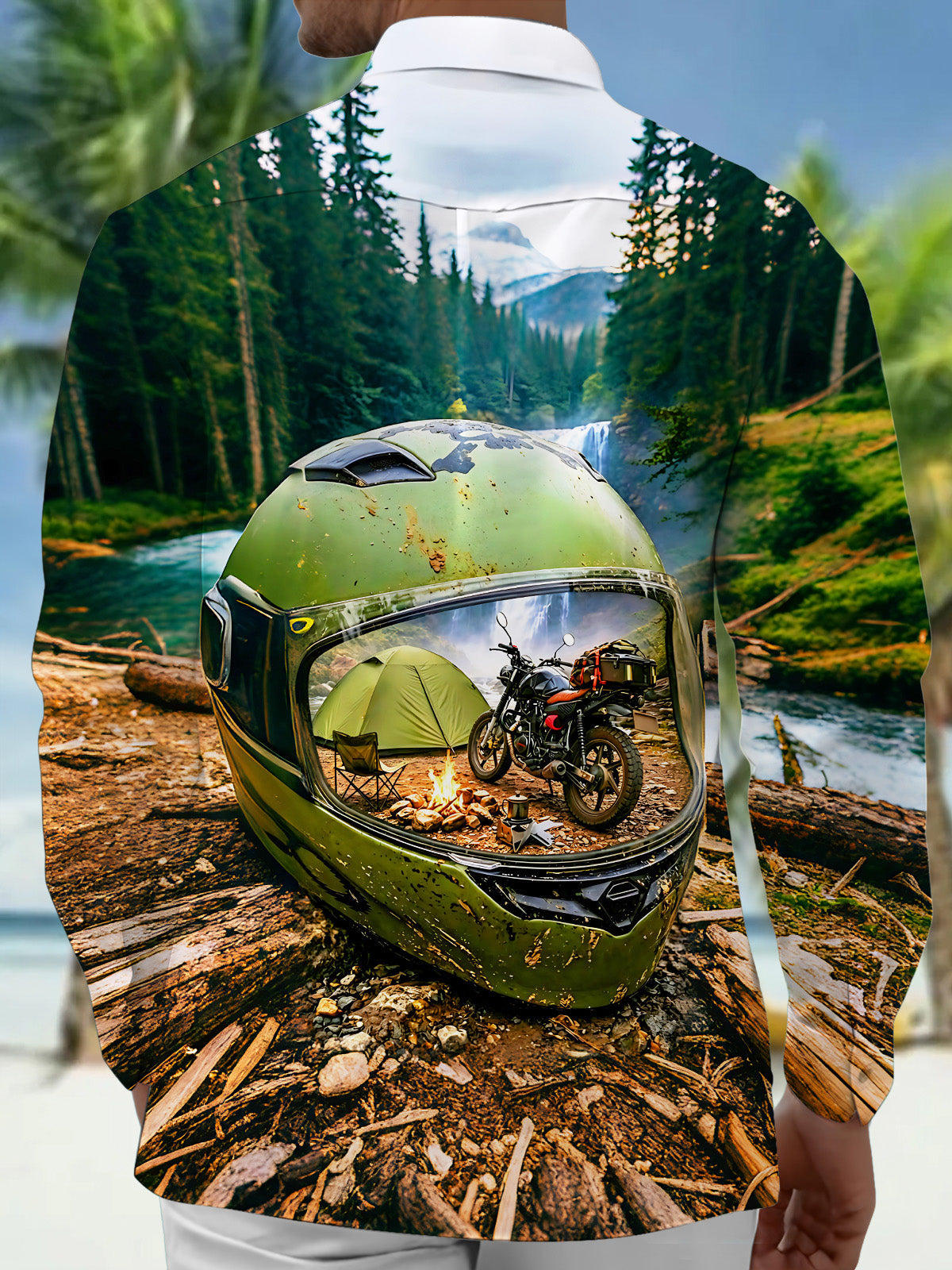 Oceanlyte Men's Printed Motorcycle Helmet Camping Scene Print Long Sleeve Shirt with Chest Pocket