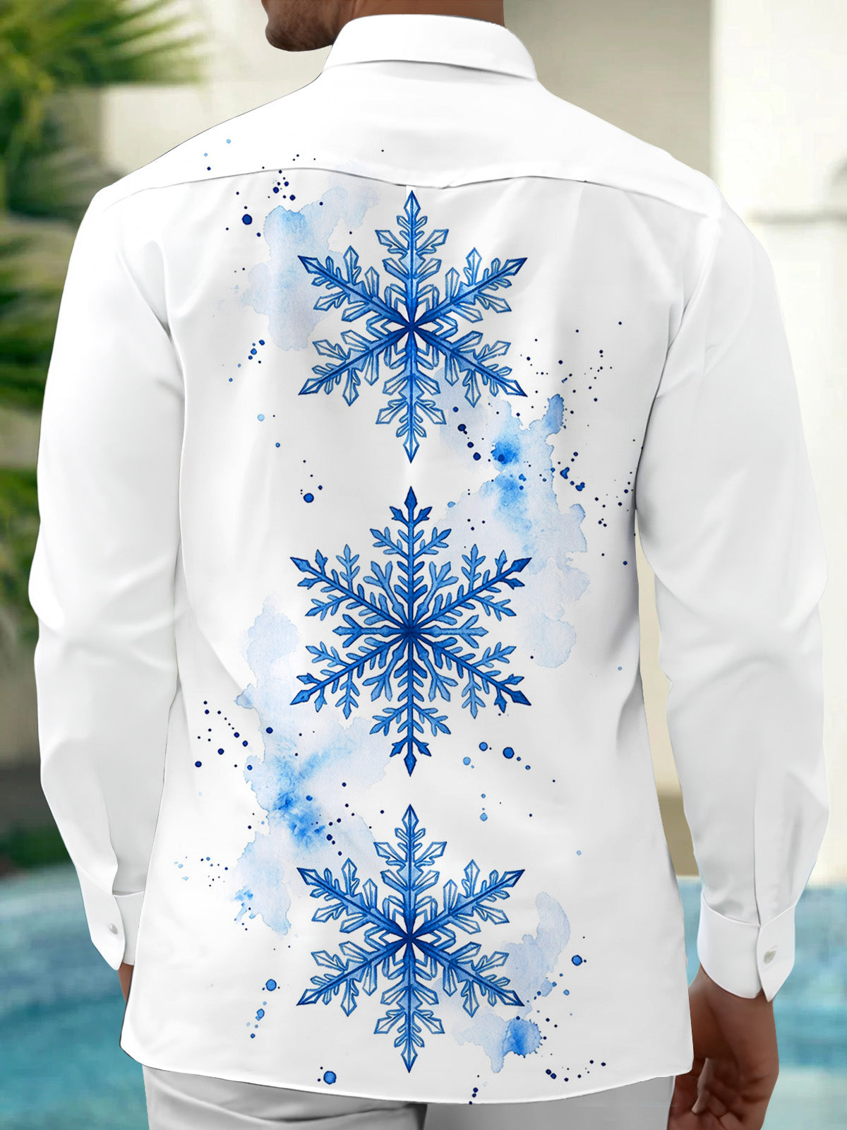 Oceanlyte Men's Blue Snowflakes With Watercolor Splashes Print Long Sleeve Shirt with Chest Pocket