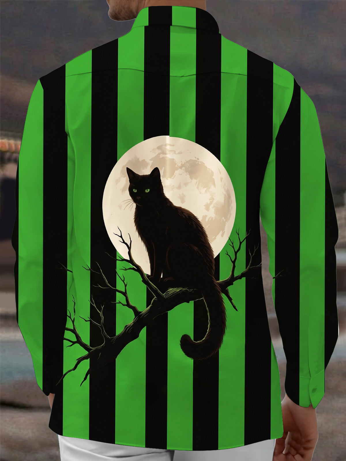 Oceanlyte Men's Long Sleeve Shirt - Halloween Black Cat On Tree Branch With Full Moon Print with Chest Pocket