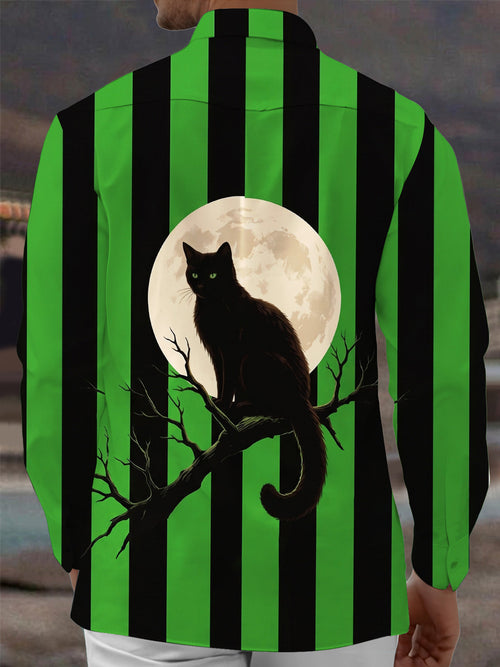 Oceanlyte Men's Long Sleeve Shirt - Halloween Black Cat On Tree Branch With Full Moon Print with Chest Pocket