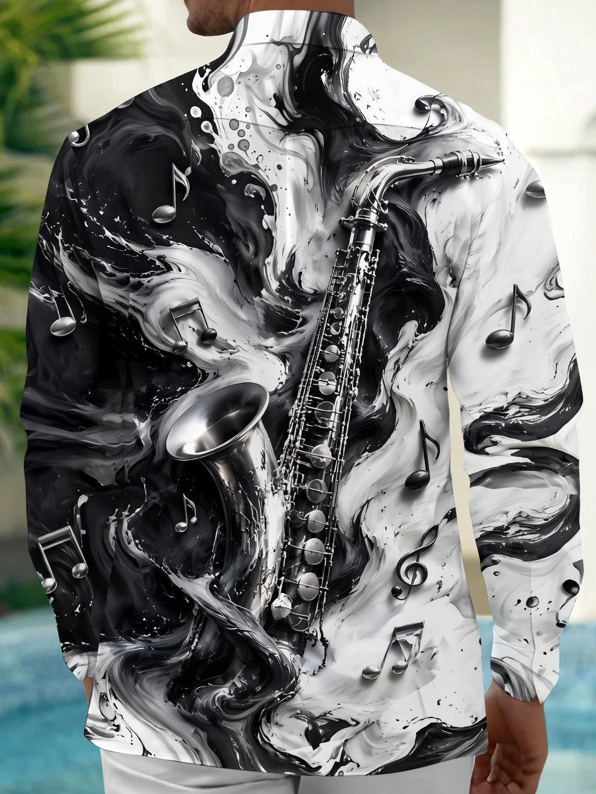 Oceanlyte Men's Graphic Saxophone And Musical Notes Print Long Sleeve Shirt with Chest Pocket