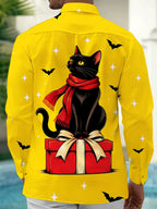 Oceanlyte Men's Long Sleeve Shirt - Halloween Black Cat With Red Scarf On Gift Box Print with Chest Pocket