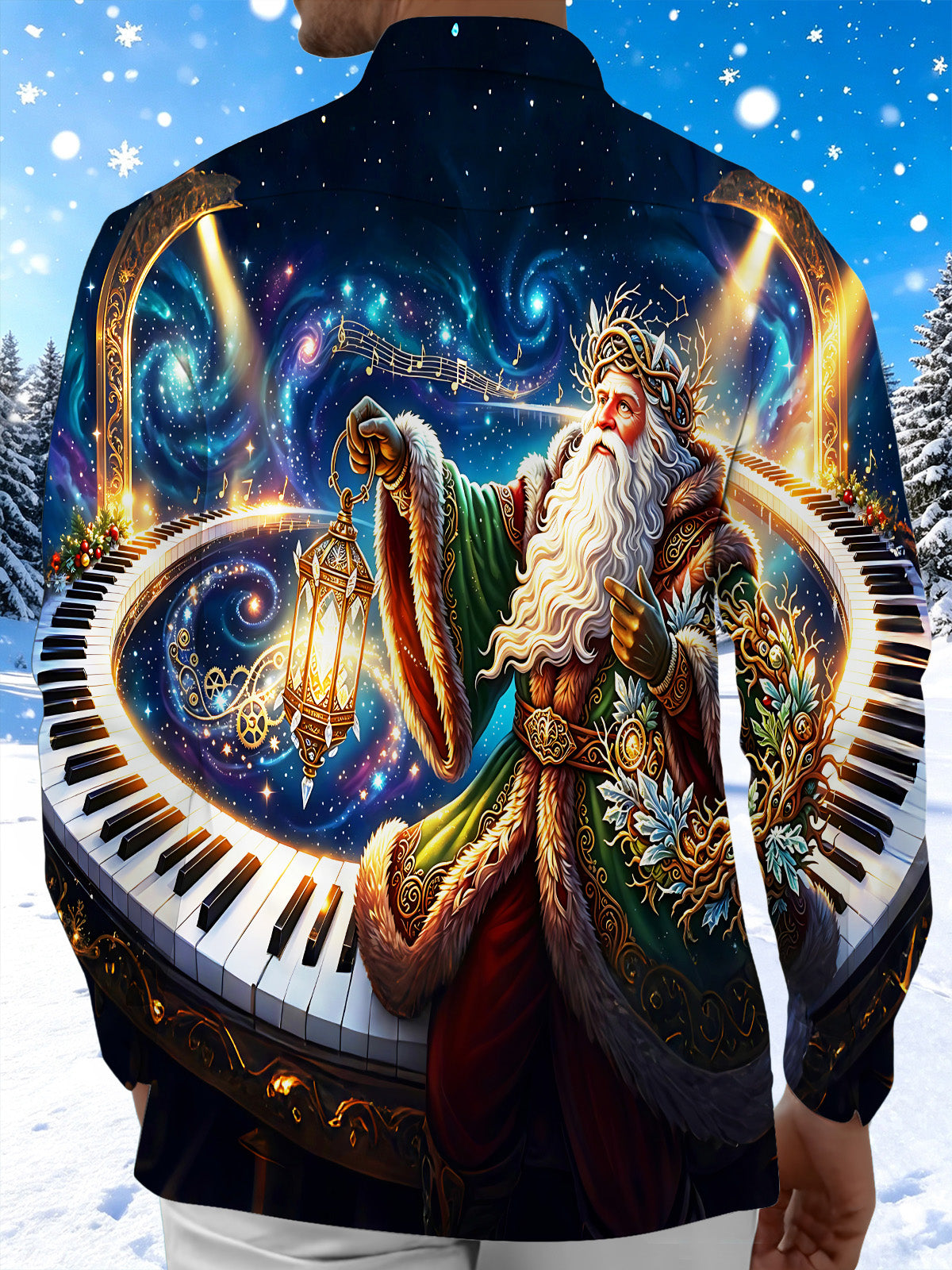 Oceanlyte Men's Santa Claus With Piano Keys And Lantern Print Long Sleeve Shirt with Chest Pocket
