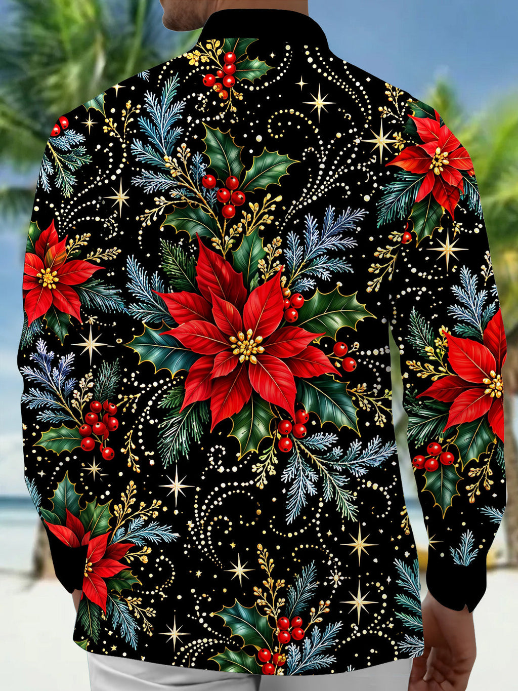 Oceanlyte Men's Hawaiian Christmas Poinsettia And Holly Print Long Sleeve Shirt with Chest Pocket