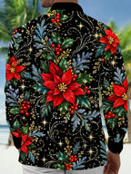 Oceanlyte Men's Hawaiian Christmas Poinsettia And Holly Print Long Sleeve Shirt with Chest Pocket