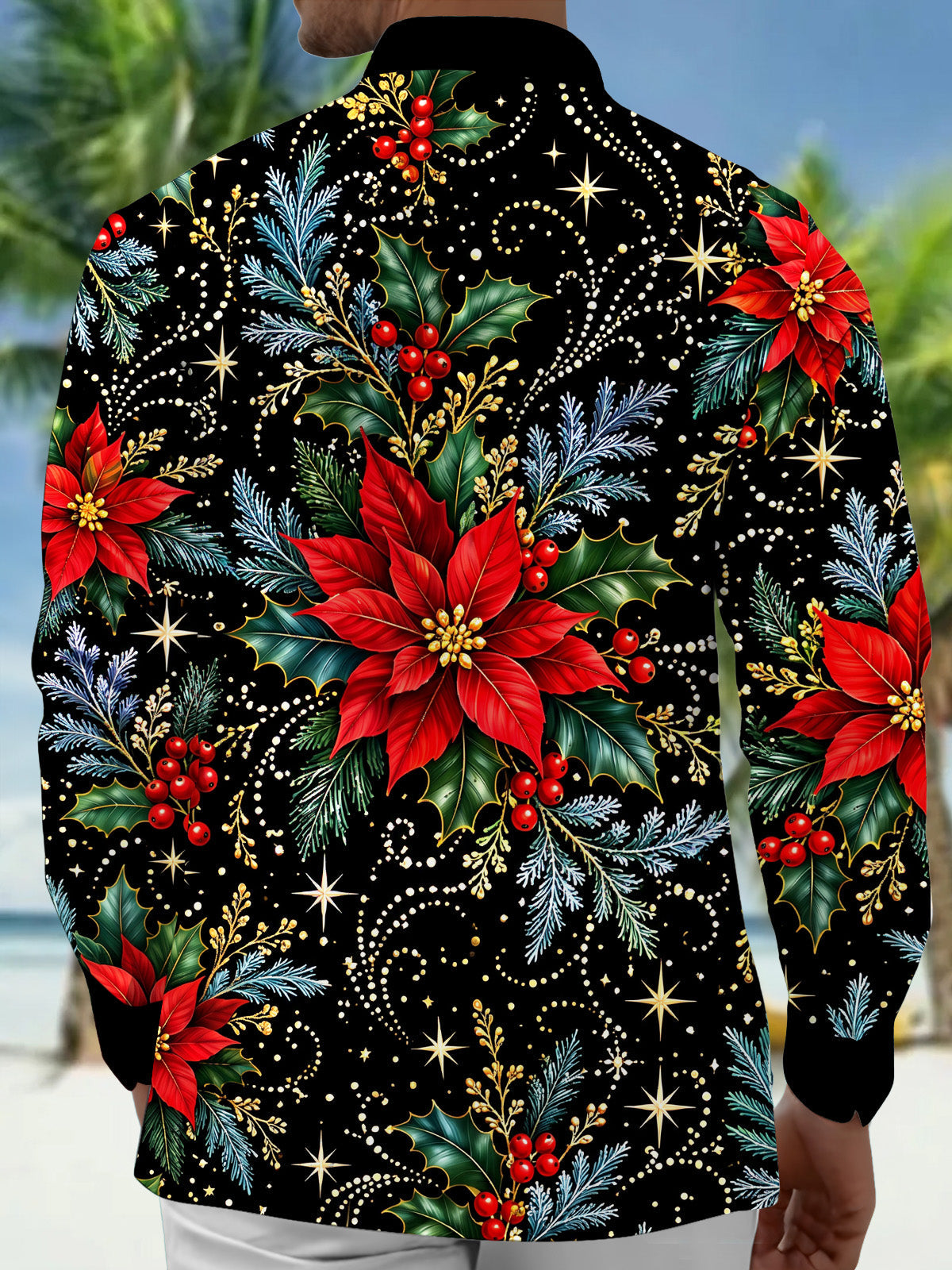 Oceanlyte Men's Hawaiian Christmas Poinsettia And Holly Print Long Sleeve Shirt with Chest Pocket