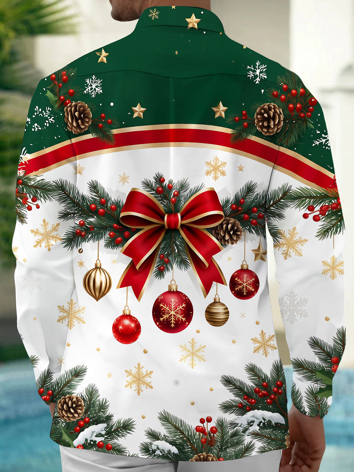 Oceanlyte Men's Long Sleeve Shirt - Christmas Bow And Ornaments With Pine Branches Print with Chest Pocket