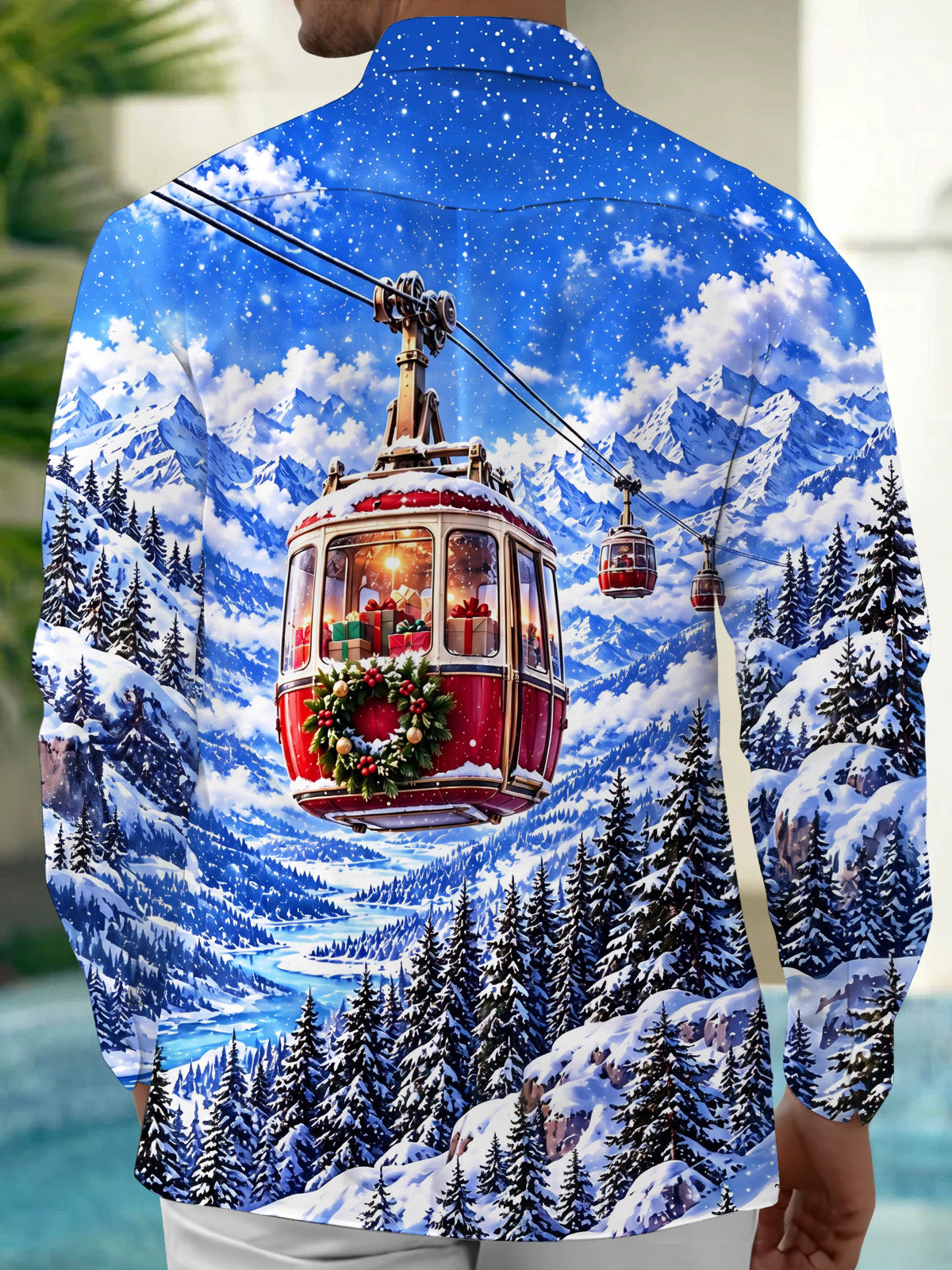 Oceanlyte Men's Long Sleeve Shirt - Mountain Cable Car With Christmas Gifts And Wreath Print with Chest Pocket