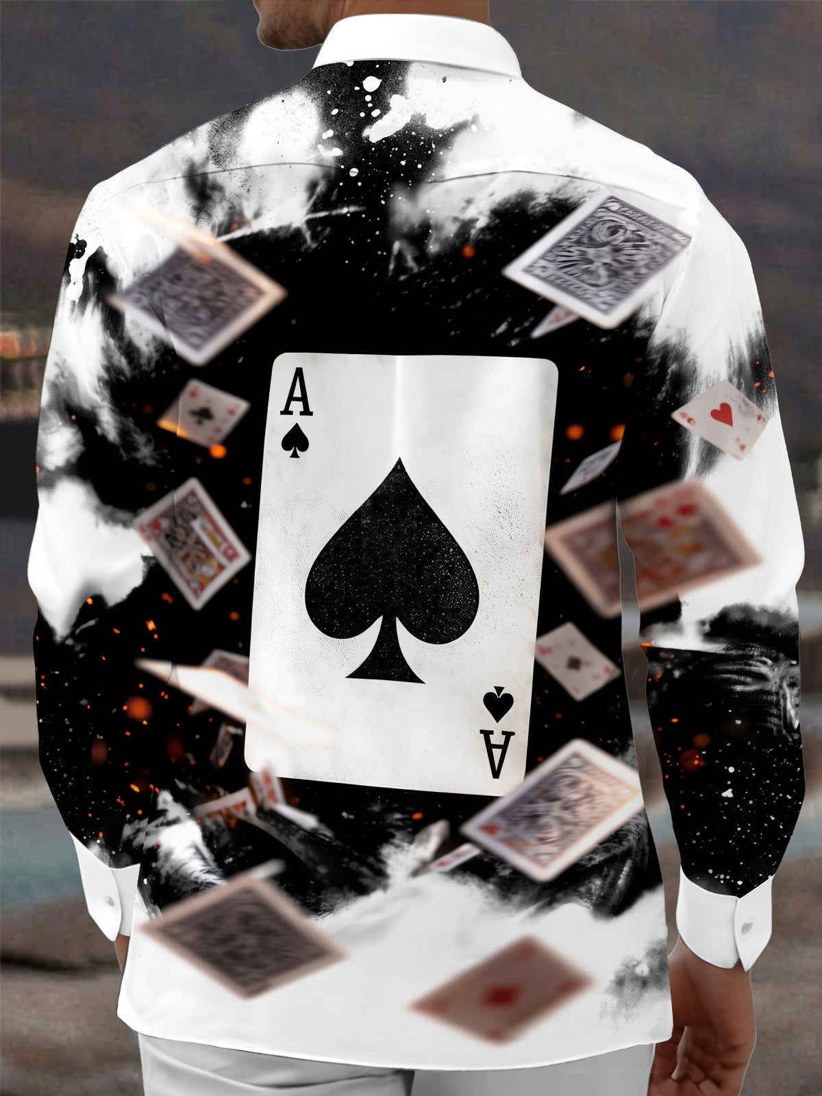 Oceanlyte Men's Graphic Playing Cards And Ace Of Spades Print Long Sleeve Shirt with Chest Pocket