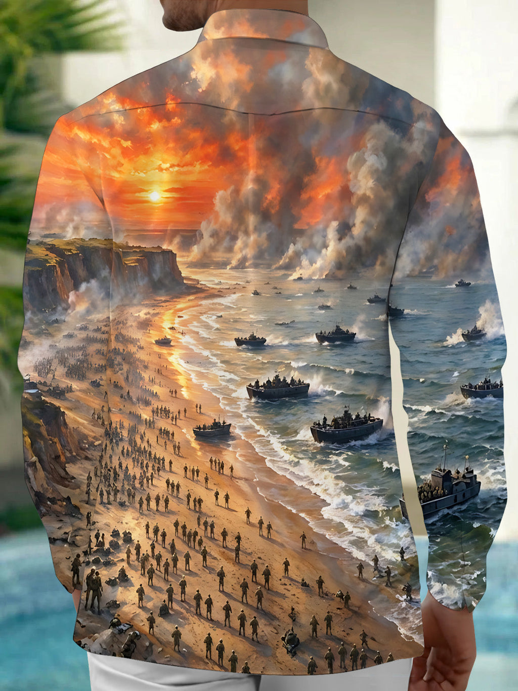 The "Pointe du Hoc" Oceanlyte Men's Long Sleeve Shirt - D-day Beach Landing Scene Print with Chest Pocket