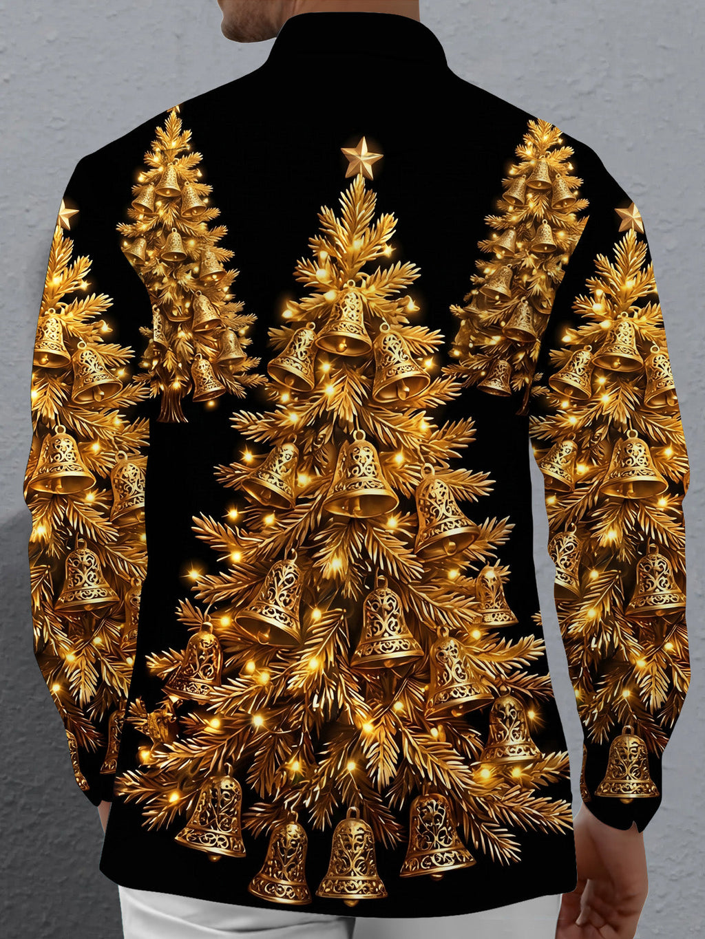 Oceanlyte Men's Long Sleeve Shirt - Golden Christmas Trees With Bells And Lights Print with Chest Pocket