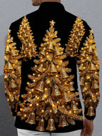 Oceanlyte Men's Long Sleeve Shirt - Golden Christmas Trees With Bells And Lights Print with Chest Pocket