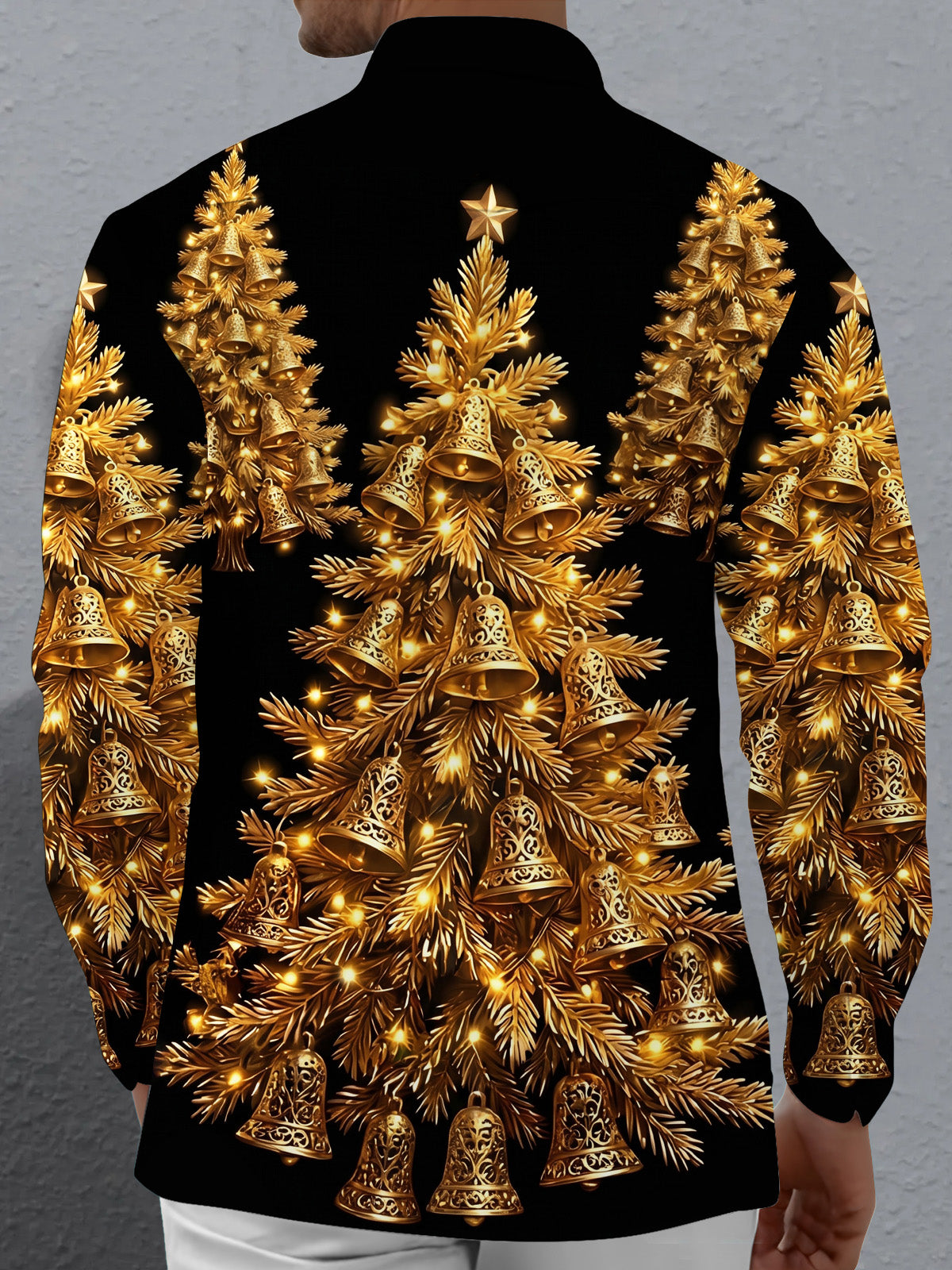 Oceanlyte Men's Long Sleeve Shirt - Golden Christmas Trees With Bells And Lights Print with Chest Pocket