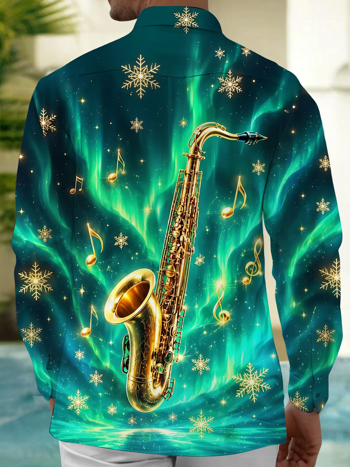 Oceanlyte Men's Graphic Saxophone Print Snowflakes Print Long Sleeve Shirt with Chest Pocket