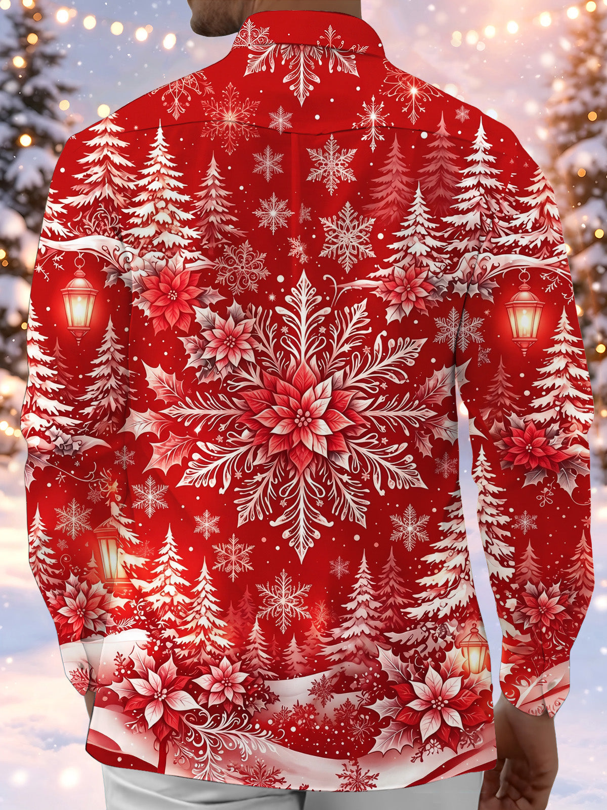 Oceanlyte Men's Christmas Snowflakes And Poinsettias Print Long Sleeve Shirt with Chest Pocket
