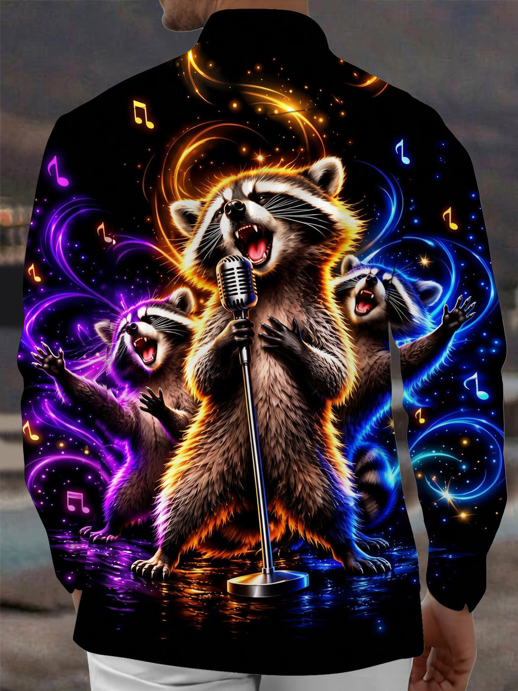 Oceanlyte Men's Long Sleeve Shirt - Singing Raccoons With Microphone And Musical Notes Print with Chest Pocket