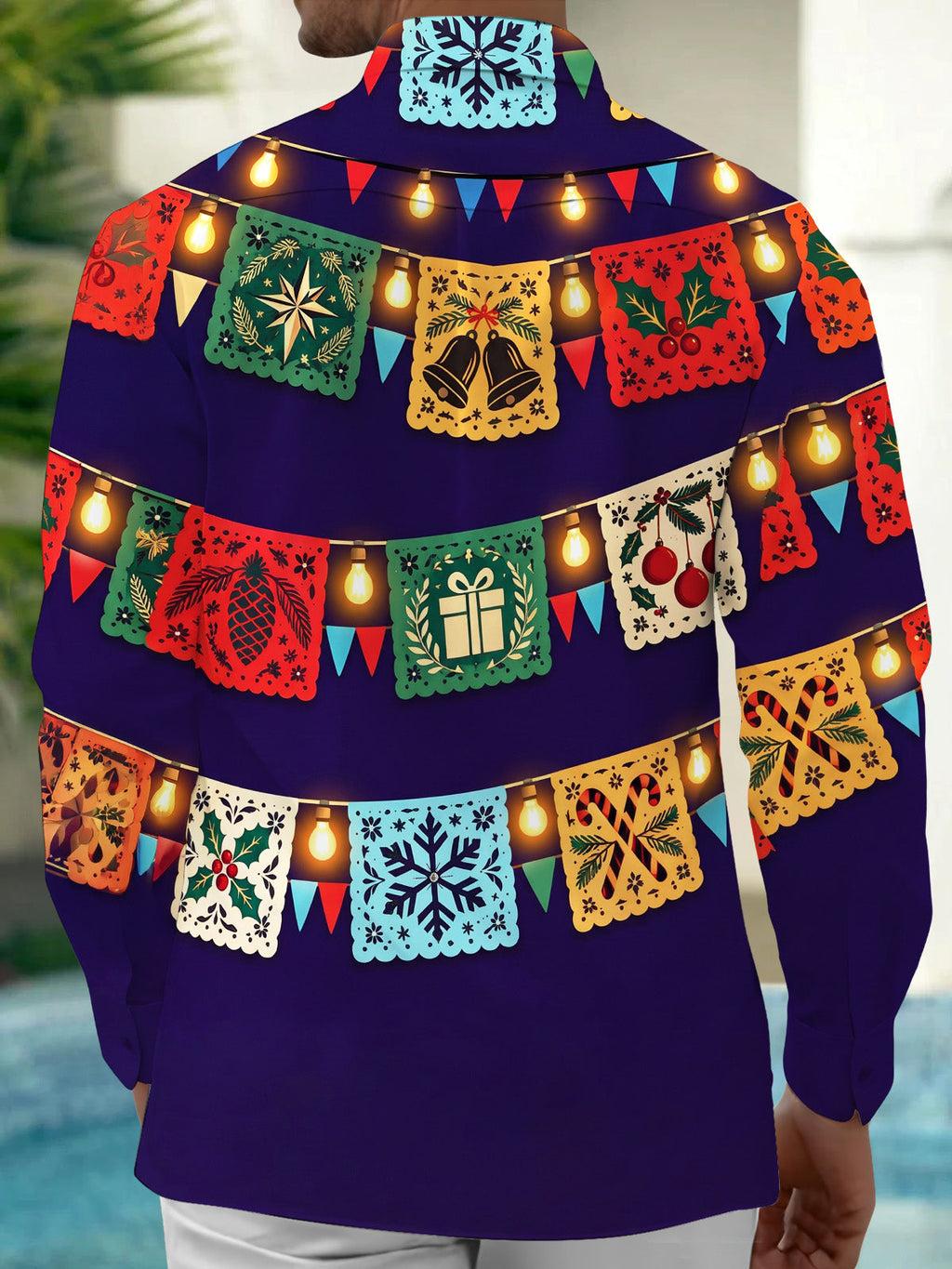Oceanlyte Men's Long Sleeve Shirt - Christmas Paper-cutting Flags And String Lights Print with Chest Pocket