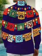 Oceanlyte Men's Long Sleeve Shirt - Christmas Paper-cutting Flags And String Lights Print with Chest Pocket