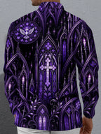 Oceanlyte Men's Long Sleeve Shirt - Gothic Cathedral Stained Glass With Cross And Dove Print with Chest Pocket
