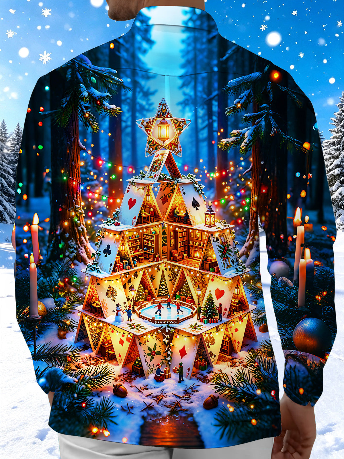 Oceanlyte Men's Printed Christmas Card House Print Long Sleeve Shirt with Chest Pocket