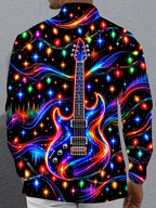 Oceanlyte Men's Long Sleeve Shirt - Neon Electric Guitar And Christmas Light Strings Print with Chest Pocket