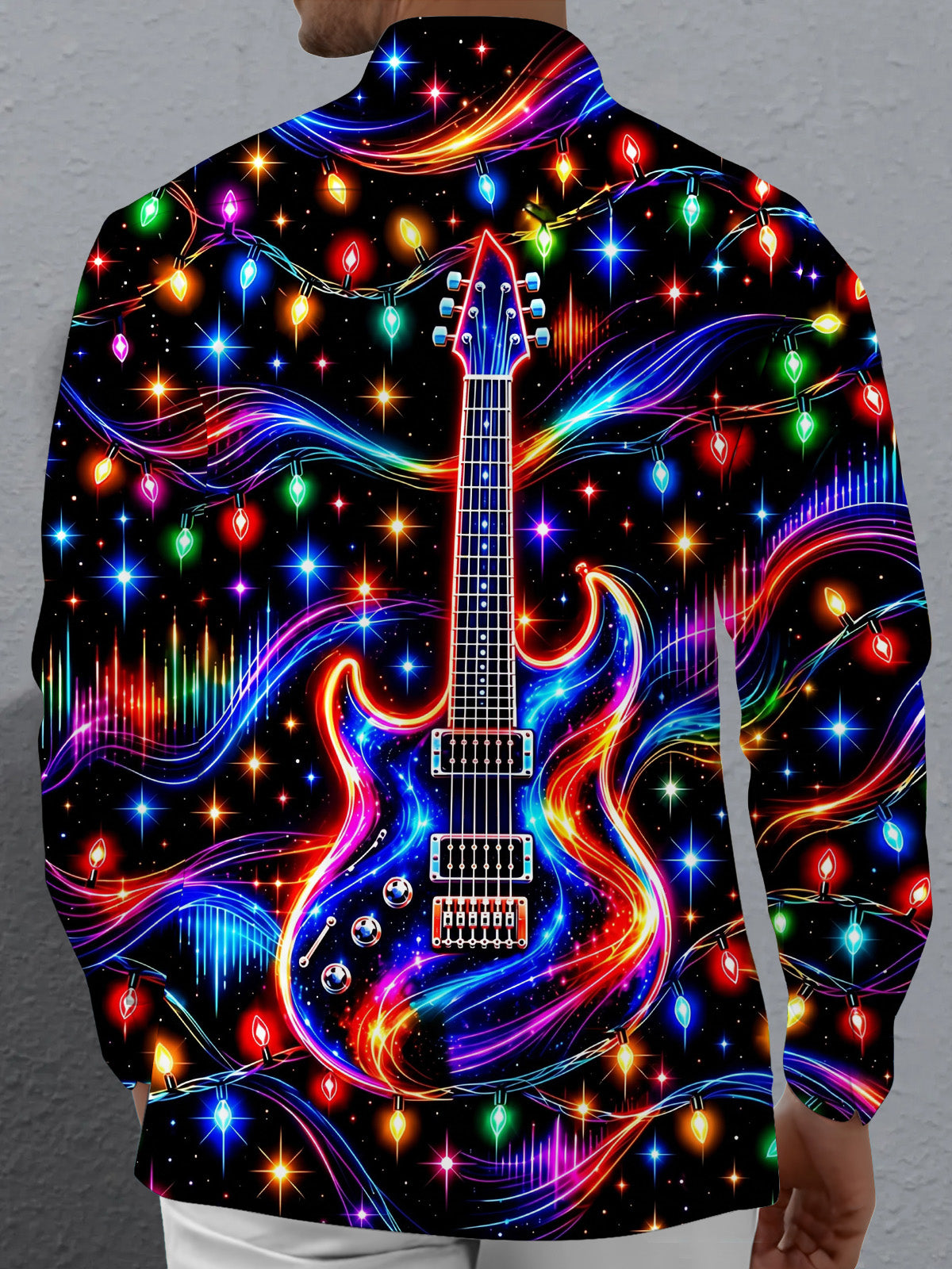Oceanlyte Men's Long Sleeve Shirt - Neon Electric Guitar And Christmas Light Strings Print with Chest Pocket