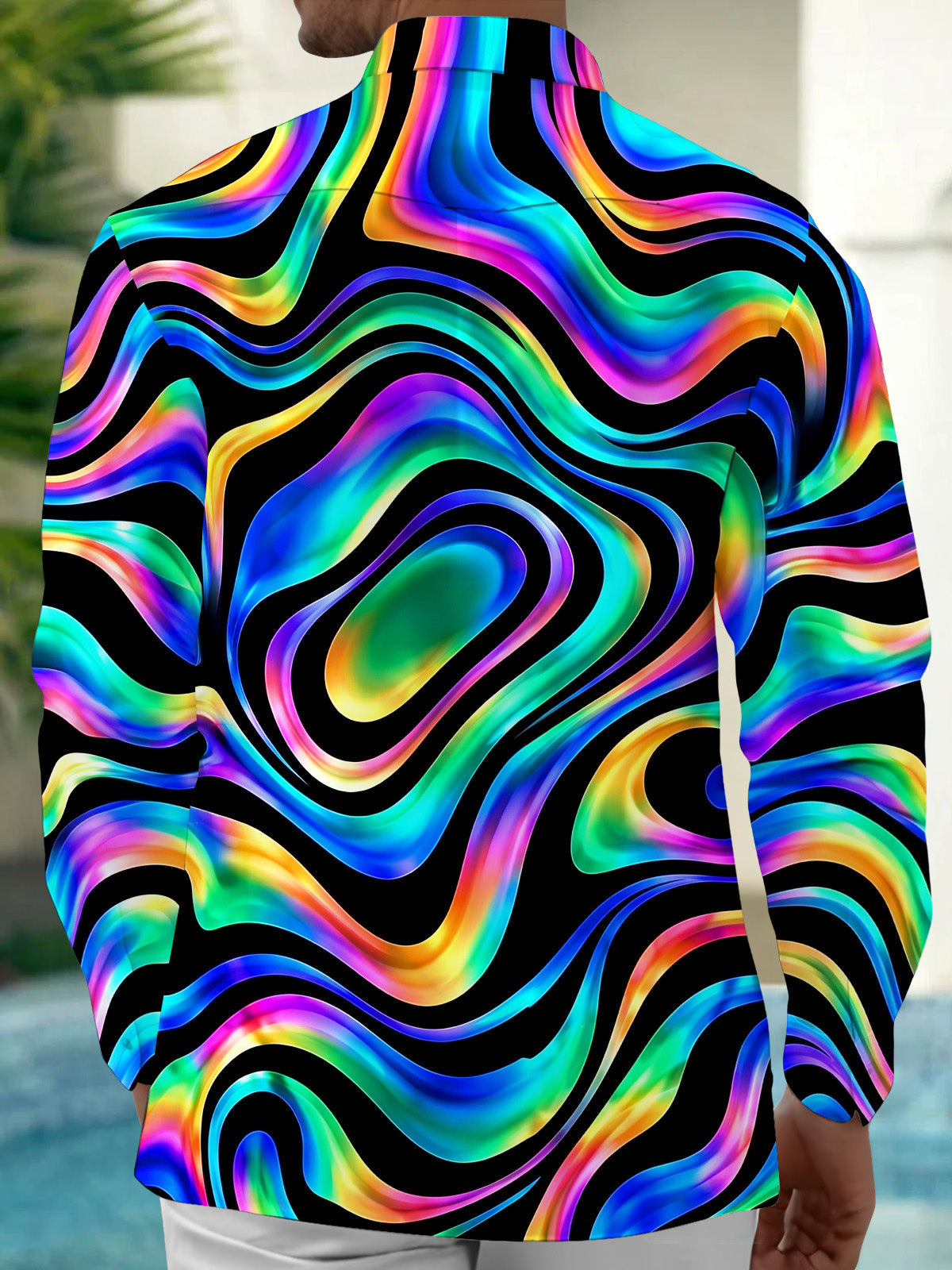 Oceanlyte Men's Printed Neon Abstract Wavy Lines Print Long Sleeve Shirt with Chest Pocket