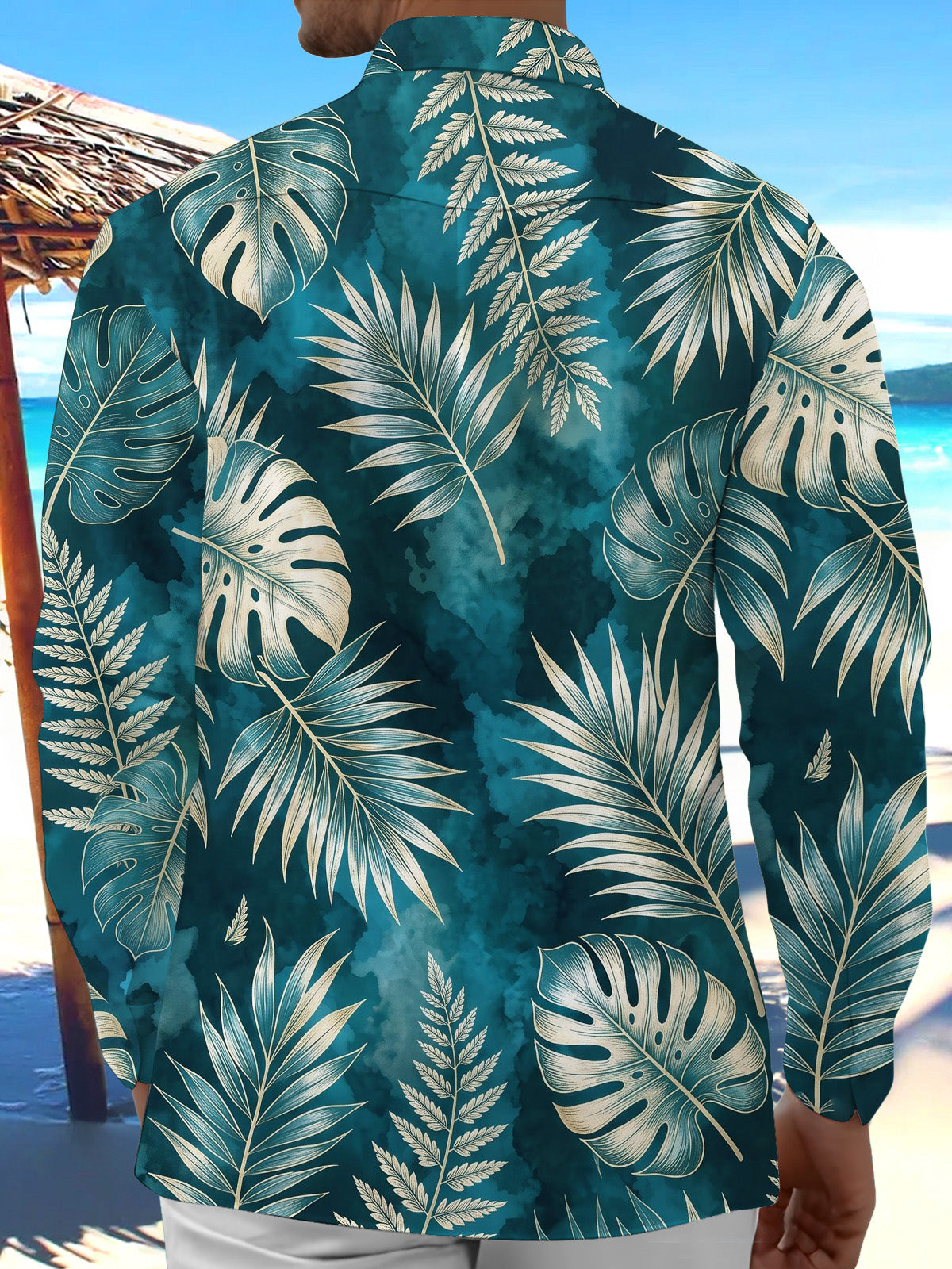 Oceanlyte Men's Hawaiian Tropical Leaf Print Long Sleeve Shirt with Chest Pocket