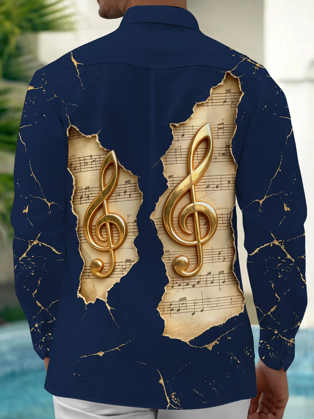 Oceanlyte Men's Long Sleeve Shirt - Vintage Sheet Music And Golden Treble Clefs Print with Chest Pocket