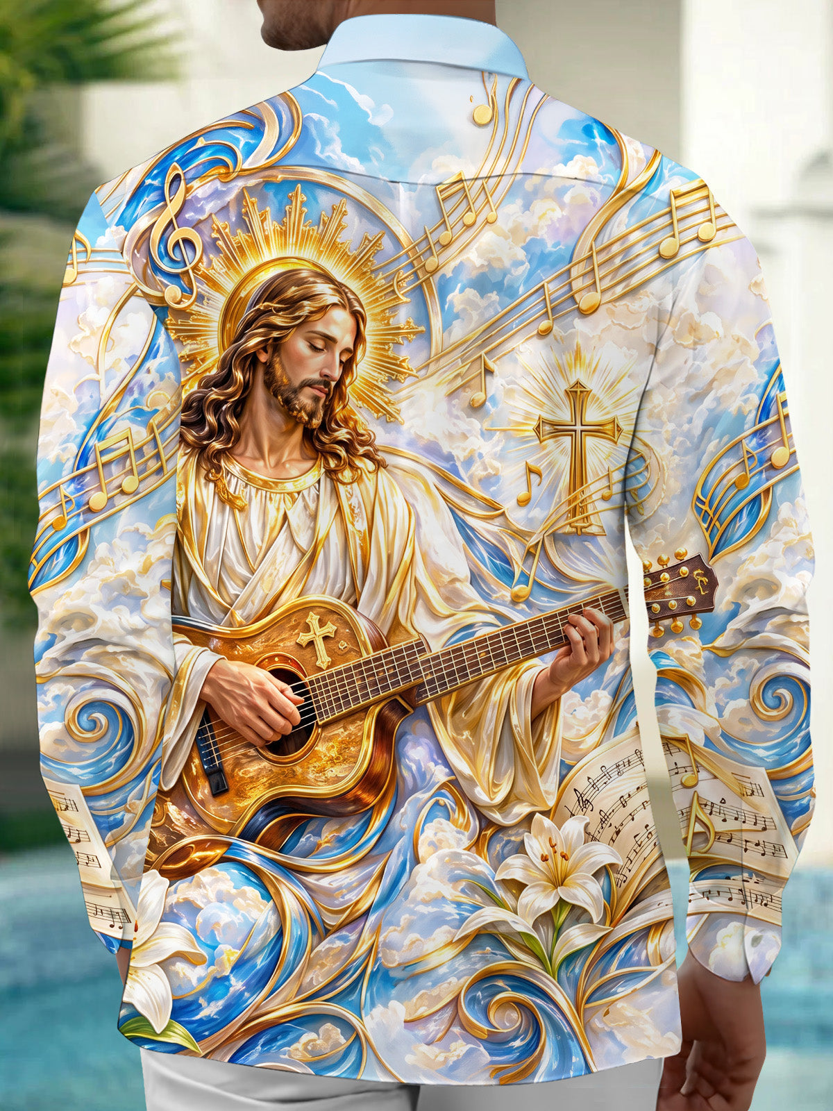 Oceanlyte Men's Graphic Saint Figure Playing Guitar Print Long Sleeve Shirt with Chest Pocket