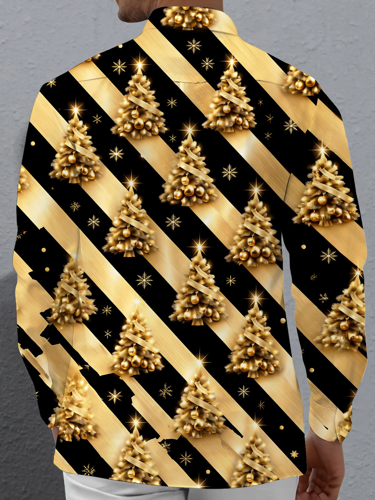 Oceanlyte Men's Long Sleeve Shirt - Gold Christmas Trees With Ornaments And Snowflakes Print with Chest Pocket