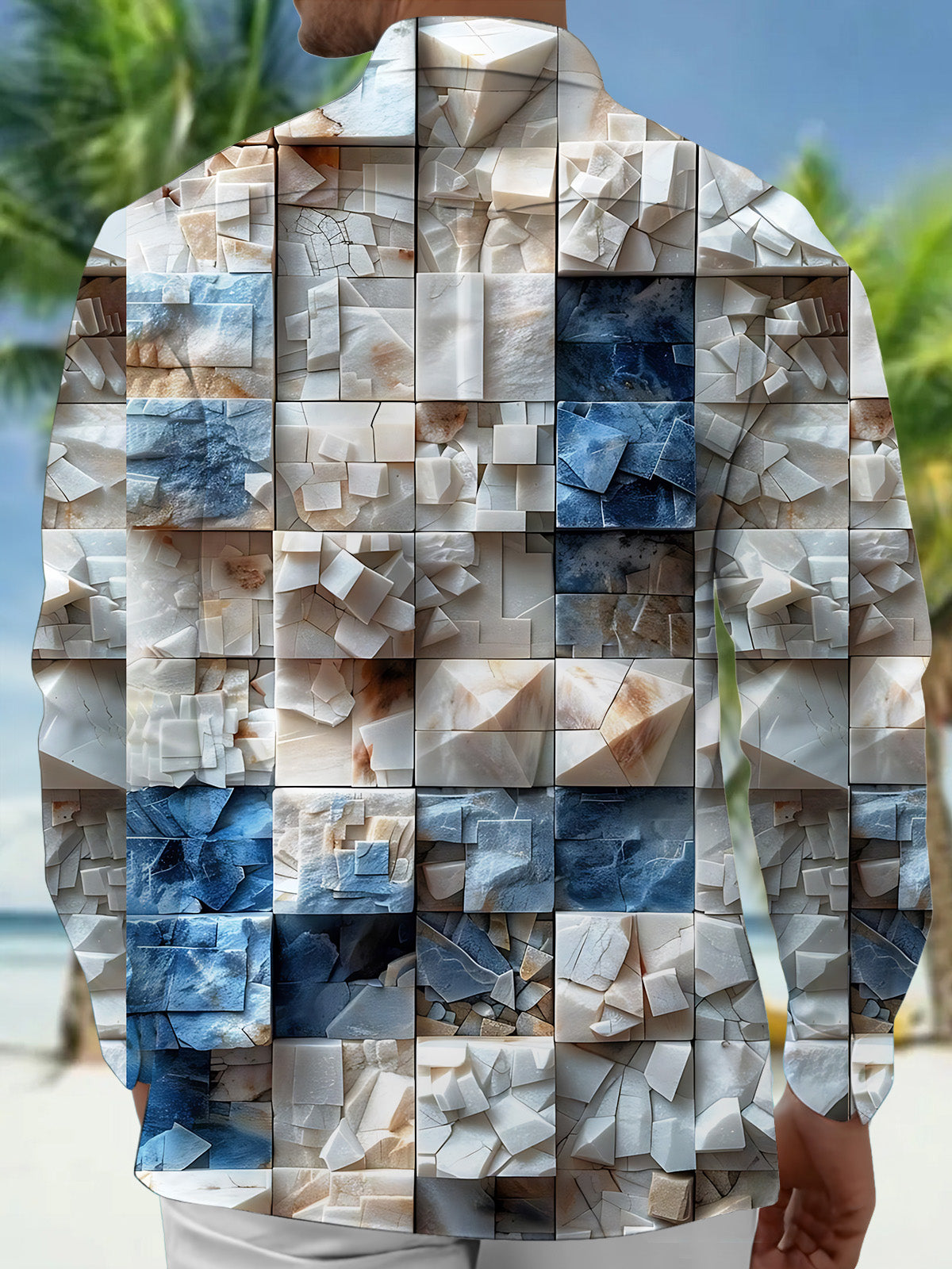 Oceanlyte Men's Patterned 3D Stone Blocks Print Long Sleeve Shirt with Chest Pocket