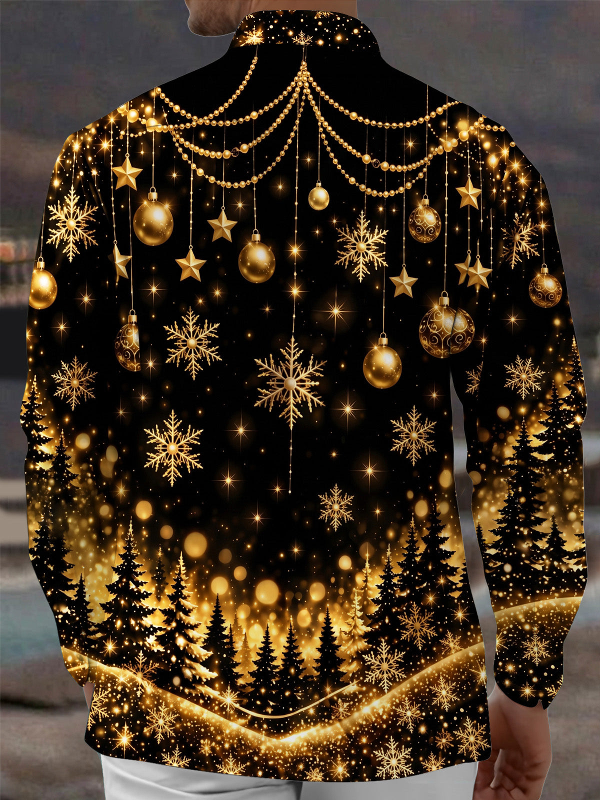 Oceanlyte Men's Christmas Snowflakes And Ornaments Print Long Sleeve Shirt with Chest Pocket