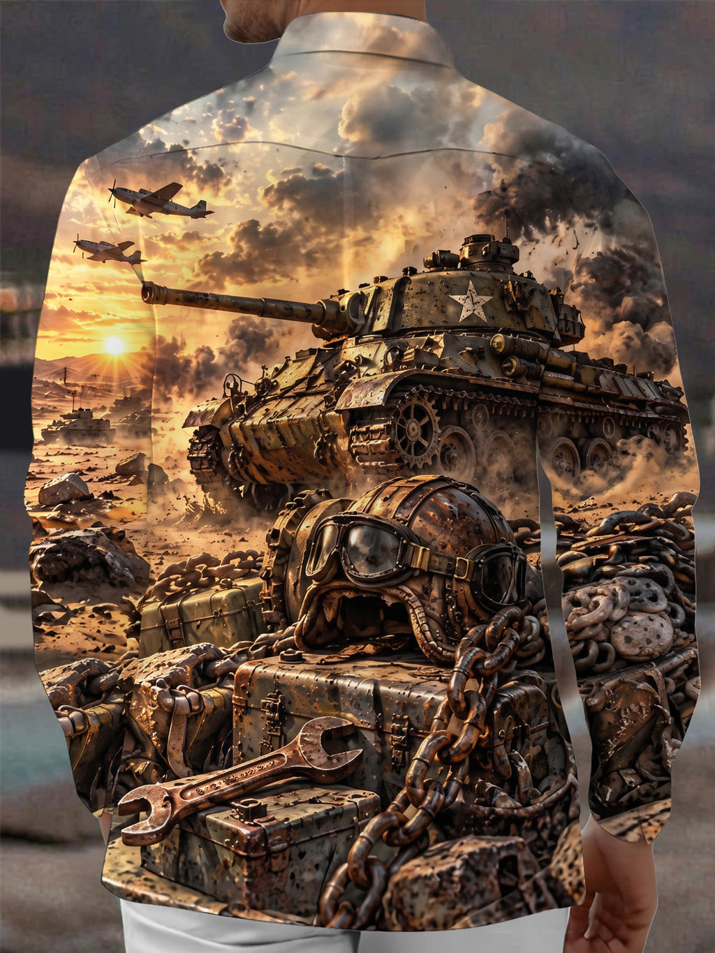 Oceanlyte Men's Long Sleeve Shirt - The "Iron Vanguard" Graphic Military Tank And Aircraft Print with Chest Pocket