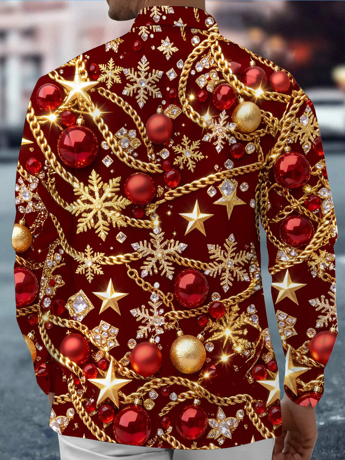 Oceanlyte Men's Christmas Ornaments And Snowflakes Print Long Sleeve Shirt with Chest Pocket
