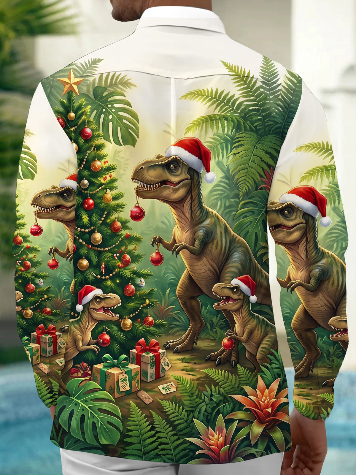 Oceanlyte Men's Hawaiian Dinosaur Christmas Tree Print Long Sleeve Shirt with Chest Pocket