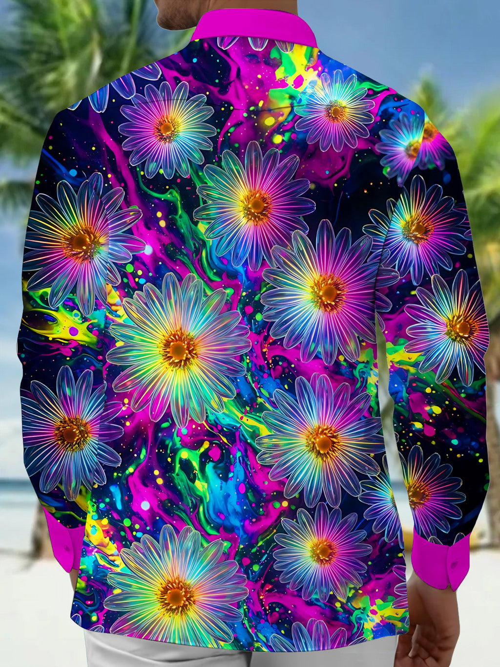 Oceanlyte Men's Hawaiian Neon Daisy Flowers Print Long Sleeve Shirt with Chest Pocket